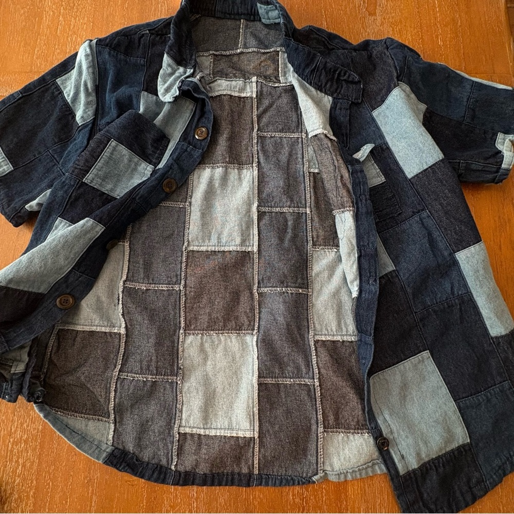 Patchwork Short Sleeve Two-Tone Denim Button-Up S… - image 9